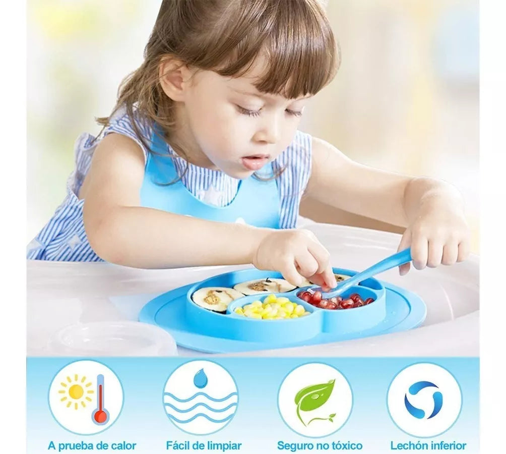 Plato Silicona Antideslizante + Cubiertos Para Bebé